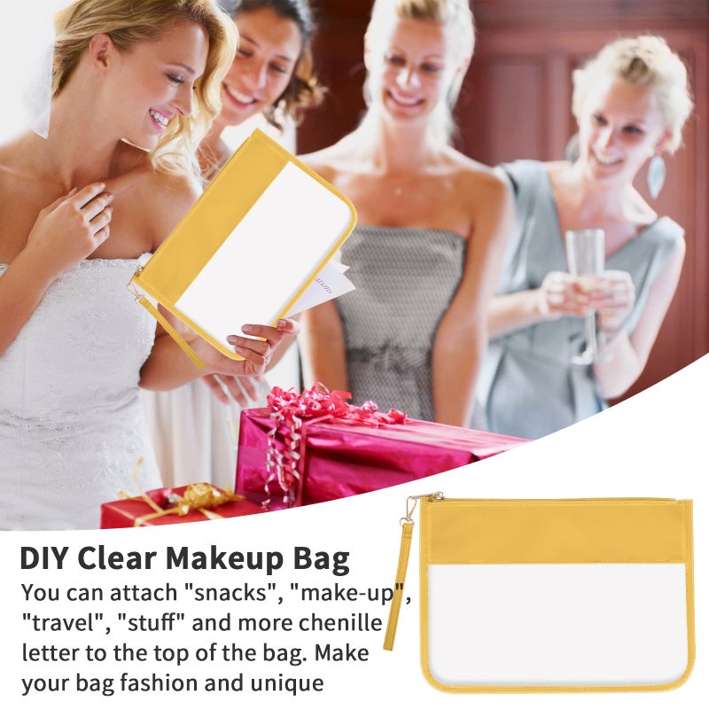 Iqimott Clear Zipper Pouch, DIY Clear Makeup Cosmetic Bag Purse for Women Girls, Chenille Letter Travel Toiletry Bag(Yellow) - Image 5